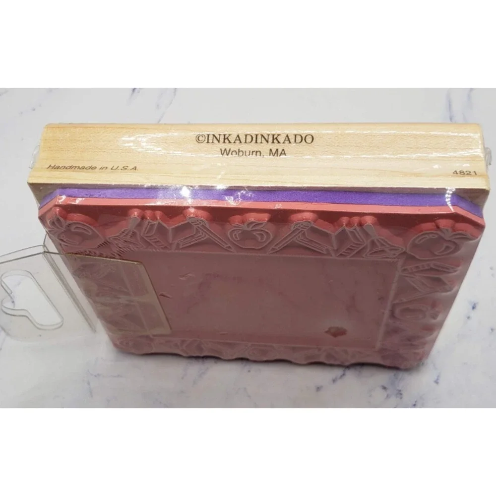 School Theme Frame Pencils Books and Apples Inkadinkadoo Mounted Rubber Stamp